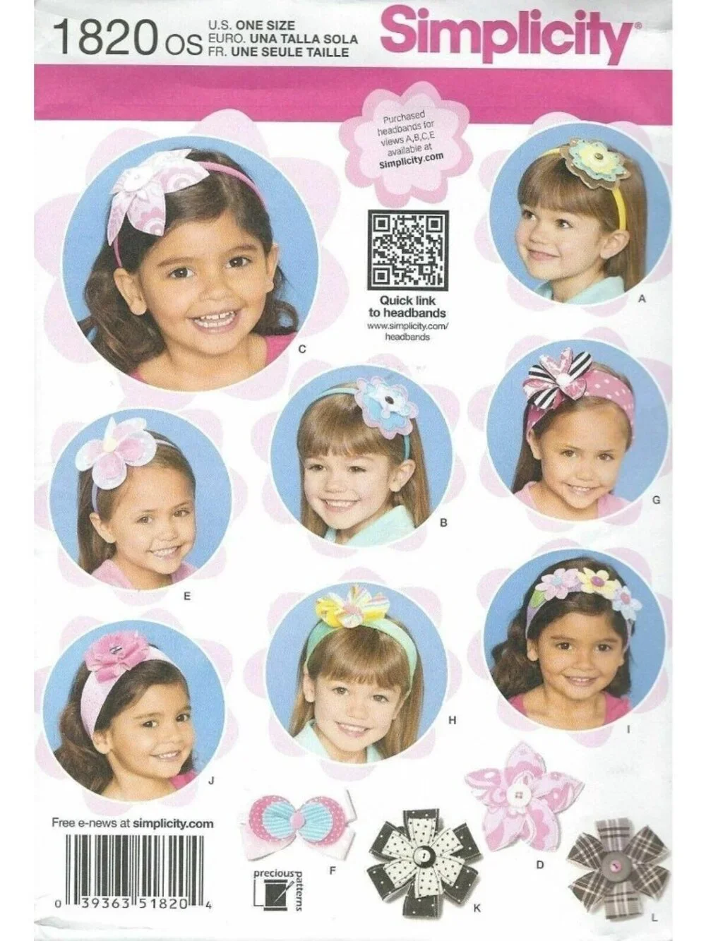 Sewing Pattern Simplicity 1820 Hair Accessories Girls 12 Designs Headbands Bows